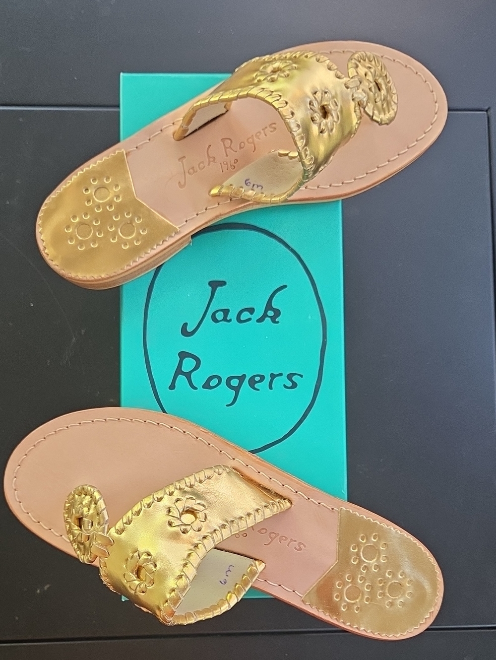 Jack Rogers Gold Metallic Leather Thong Sandals